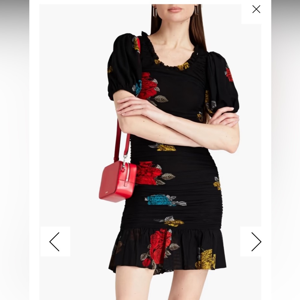 Ganni black ruched floral print stretch mesh dress